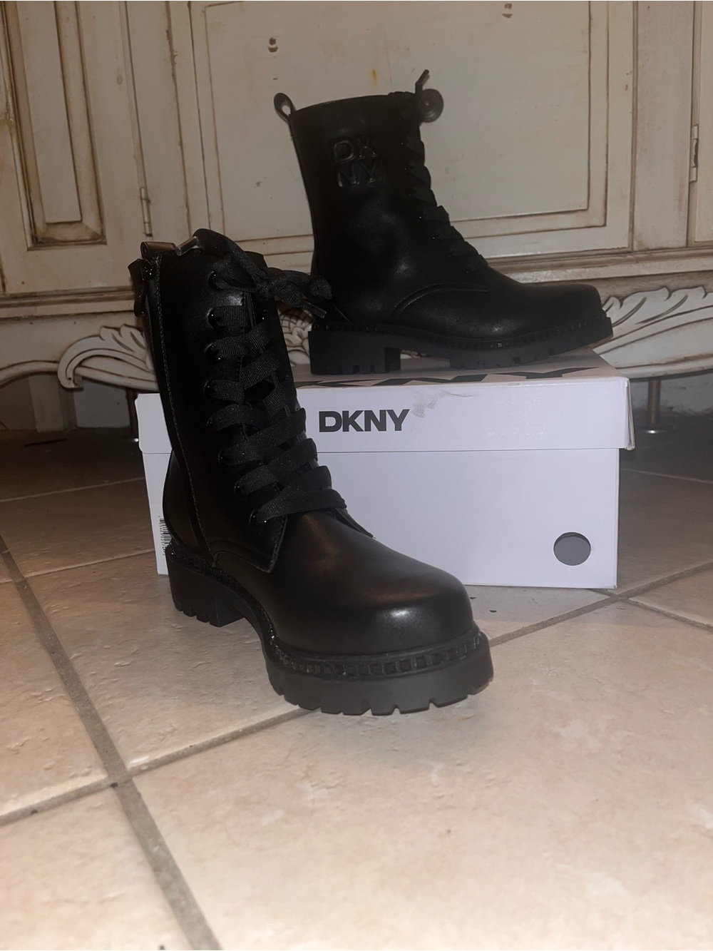 DKNY Black Lace-Up Lug Sole Combat Boots